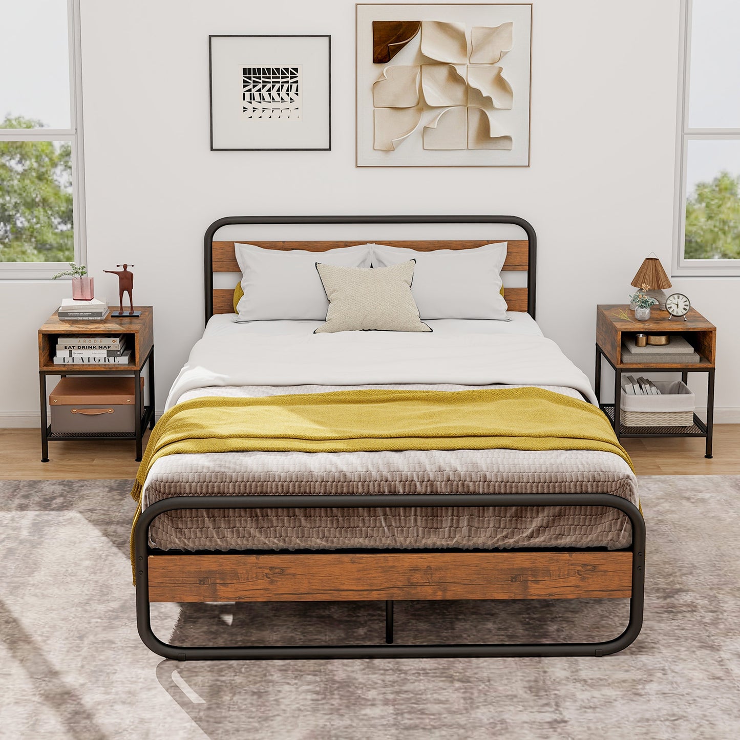 Industrial Nightstand End Side Table with Mesh Shelf Kids Crystal