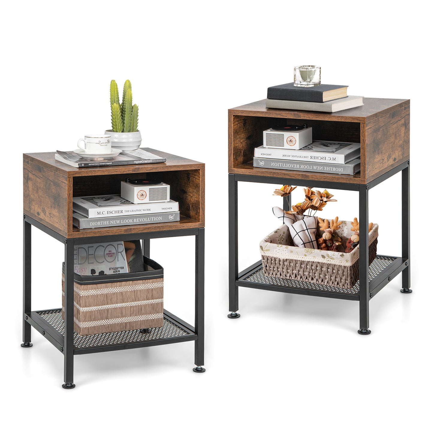 Industrial Nightstand End Side Table with Mesh Shelf Kids Crystal