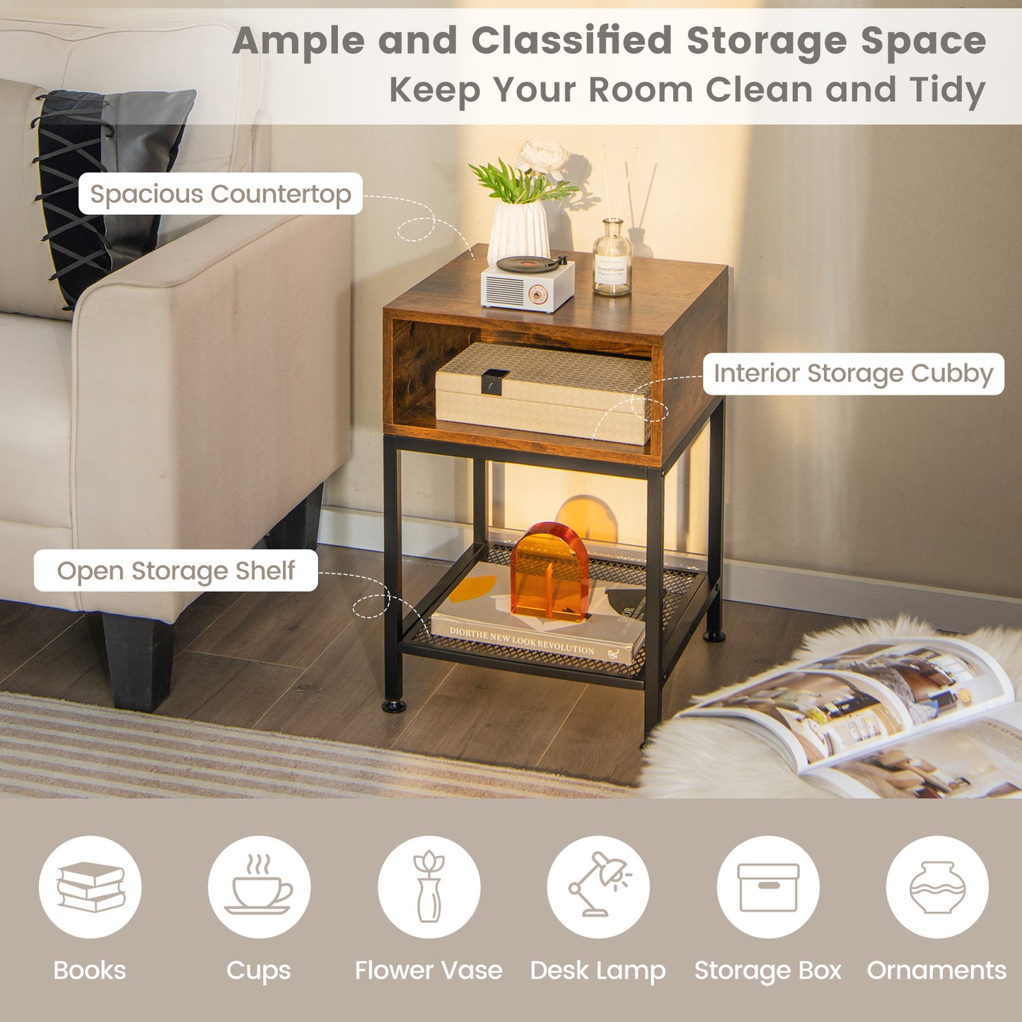 Industrial Nightstand End Side Table with Mesh Shelf Kids Crystal