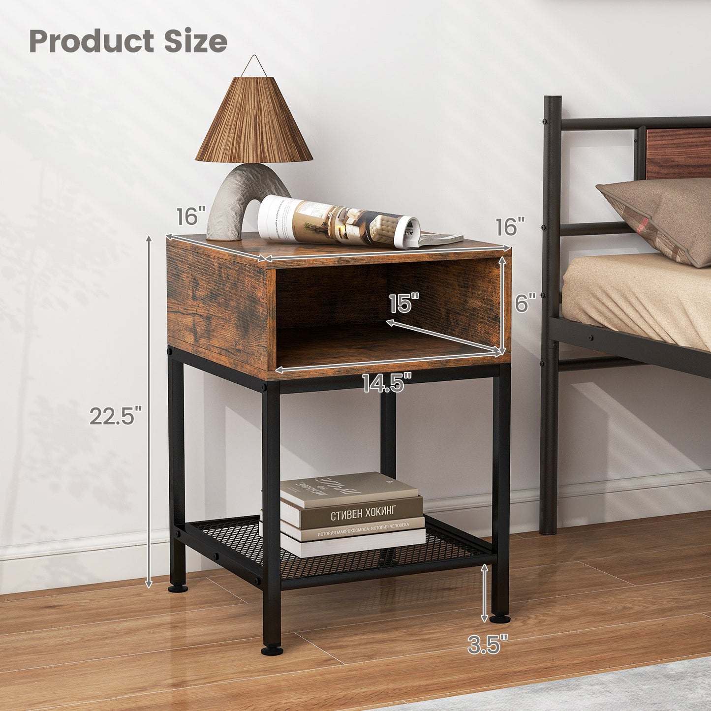 Industrial Nightstand End Side Table with Mesh Shelf Kids Crystal