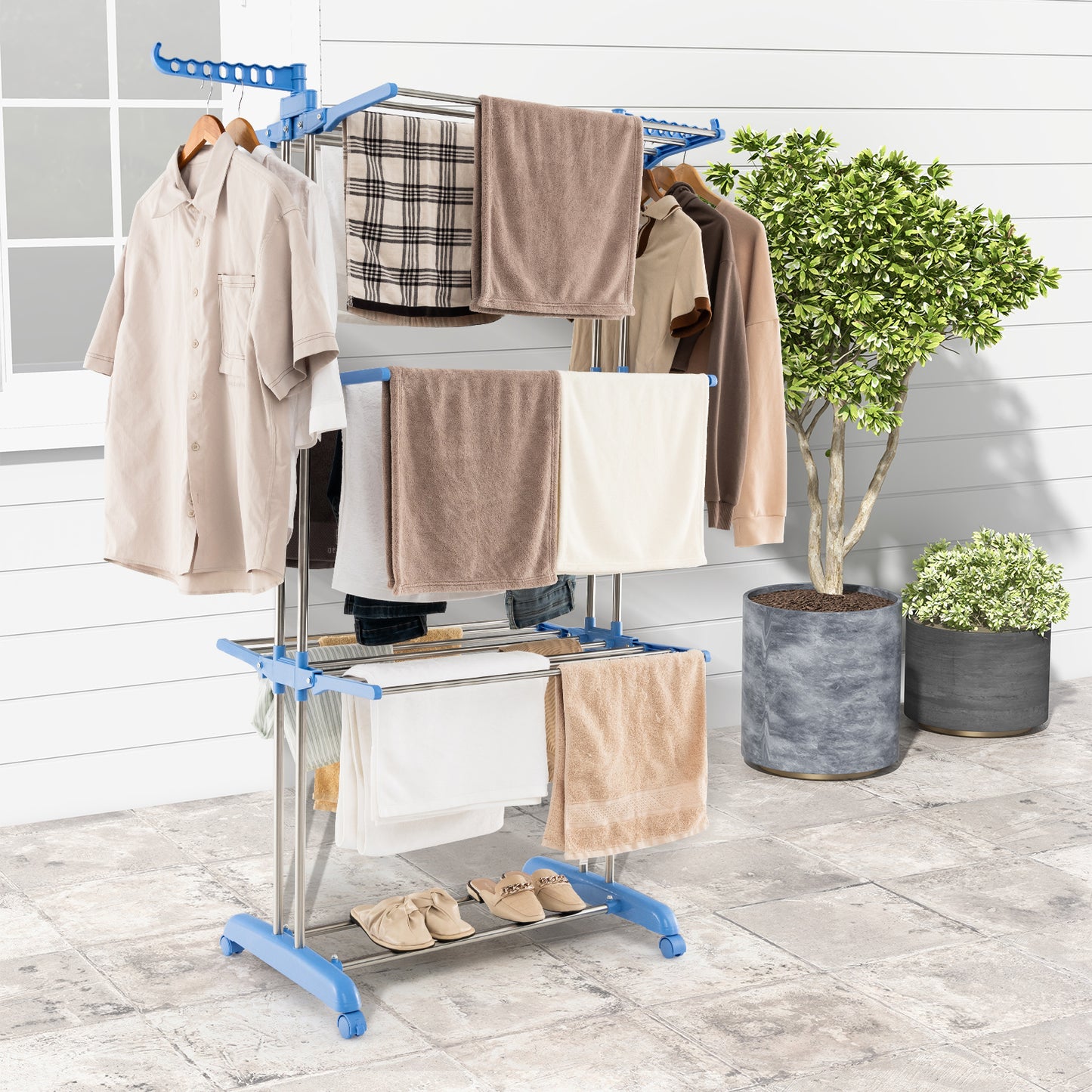 4-tier Folding Clothes Drying Rack with Rotatable Side Wings-Blue Kids Crystal