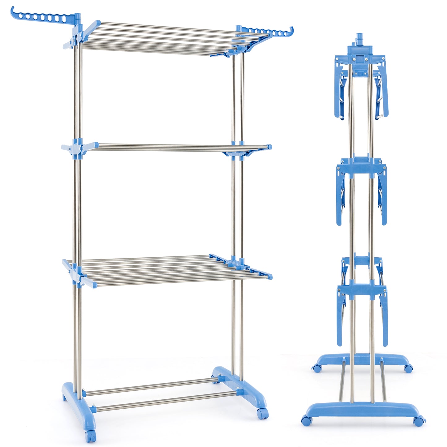 4-tier Folding Clothes Drying Rack with Rotatable Side Wings-Blue Kids Crystal