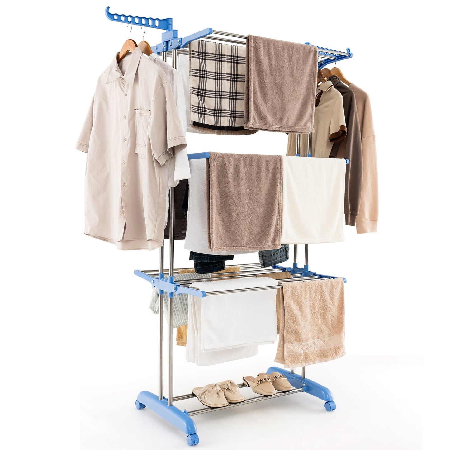 4-tier Folding Clothes Drying Rack with Rotatable Side Wings-Blue Kids Crystal