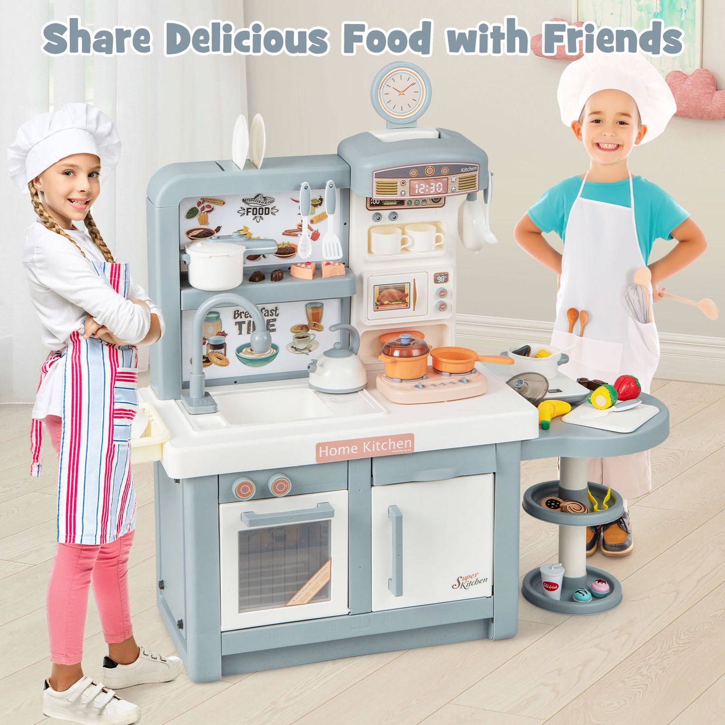 Kids Play Kitchen Toy with Stove Sink Oven with Light and Sound-Gray Kids Crystal