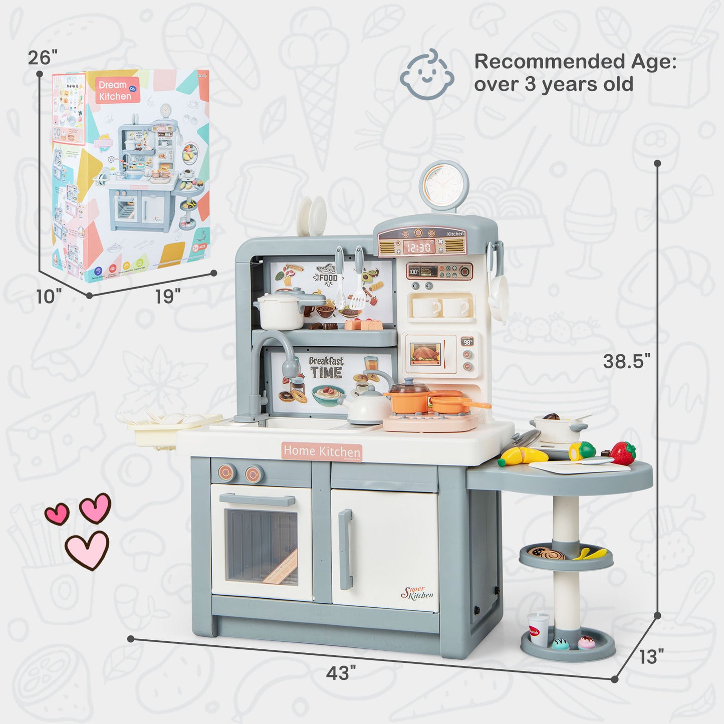 Kids Play Kitchen Toy with Stove Sink Oven with Light and Sound-Gray Kids Crystal