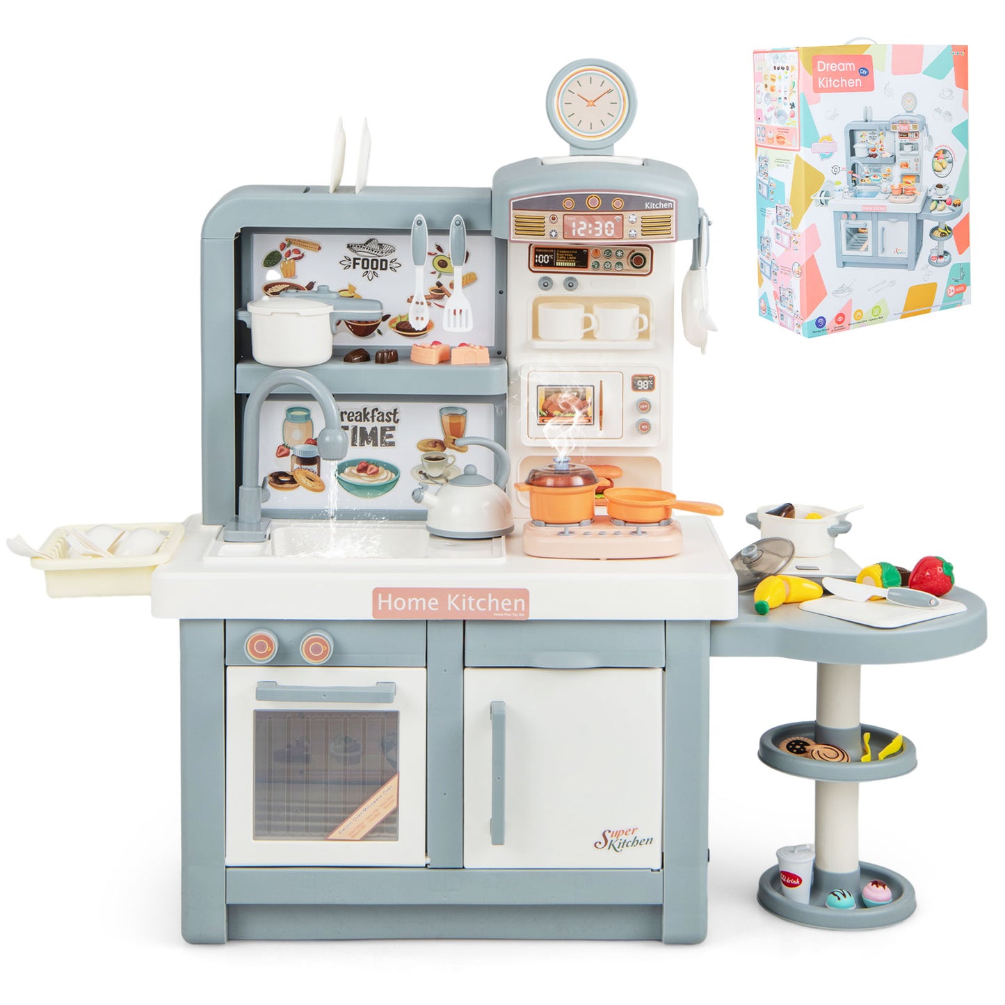 Kids Play Kitchen Toy with Stove Sink Oven with Light and Sound-Gray Kids Crystal