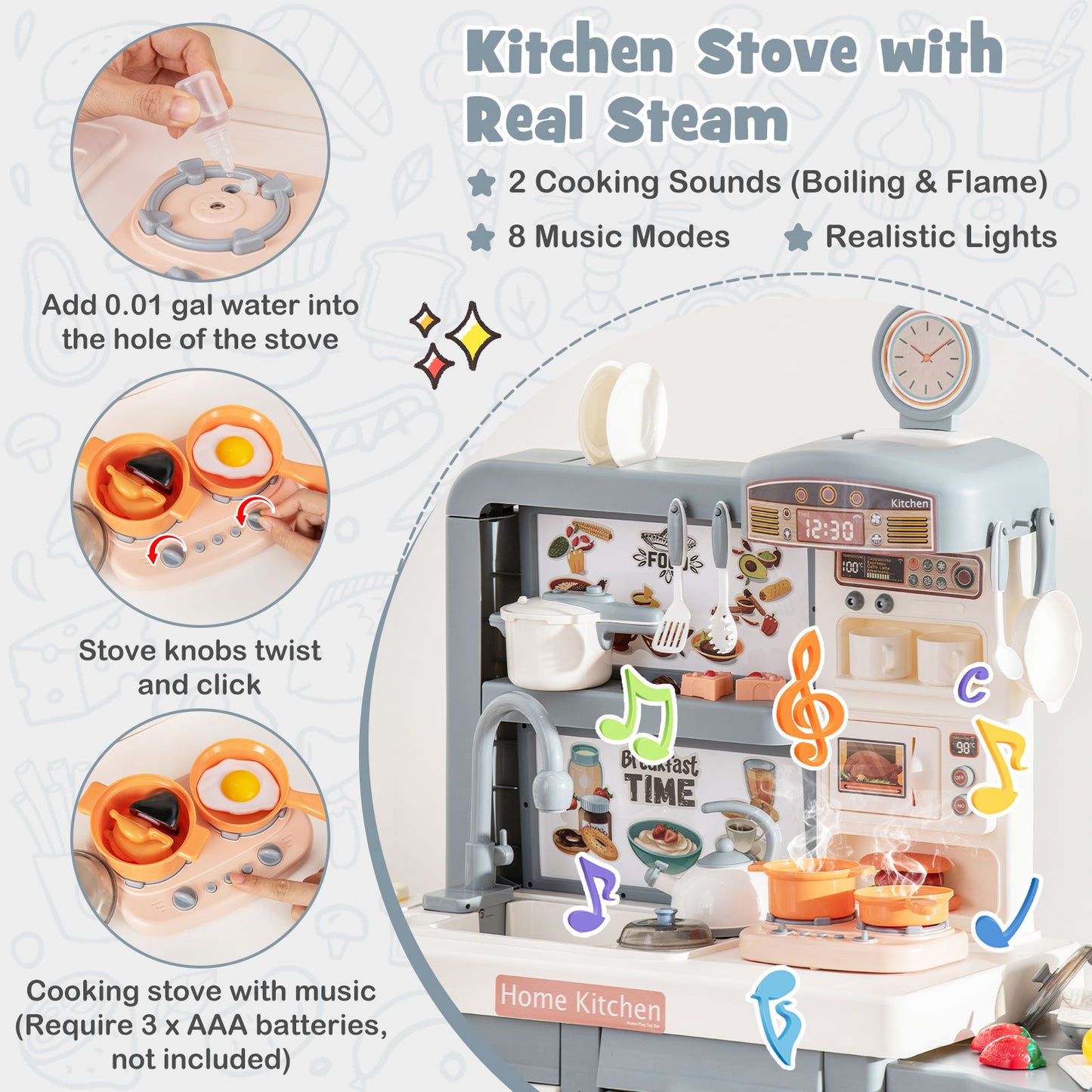 Kids Play Kitchen Toy with Stove Sink Oven with Light and Sound-Gray Kids Crystal