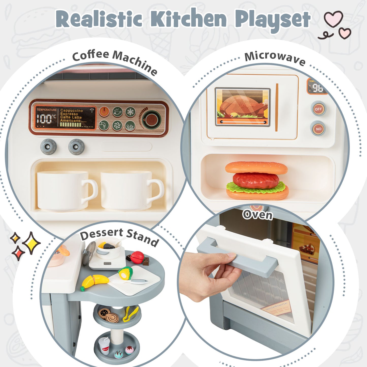 Kids Play Kitchen Toy with Stove Sink Oven with Light and Sound-Gray Kids Crystal