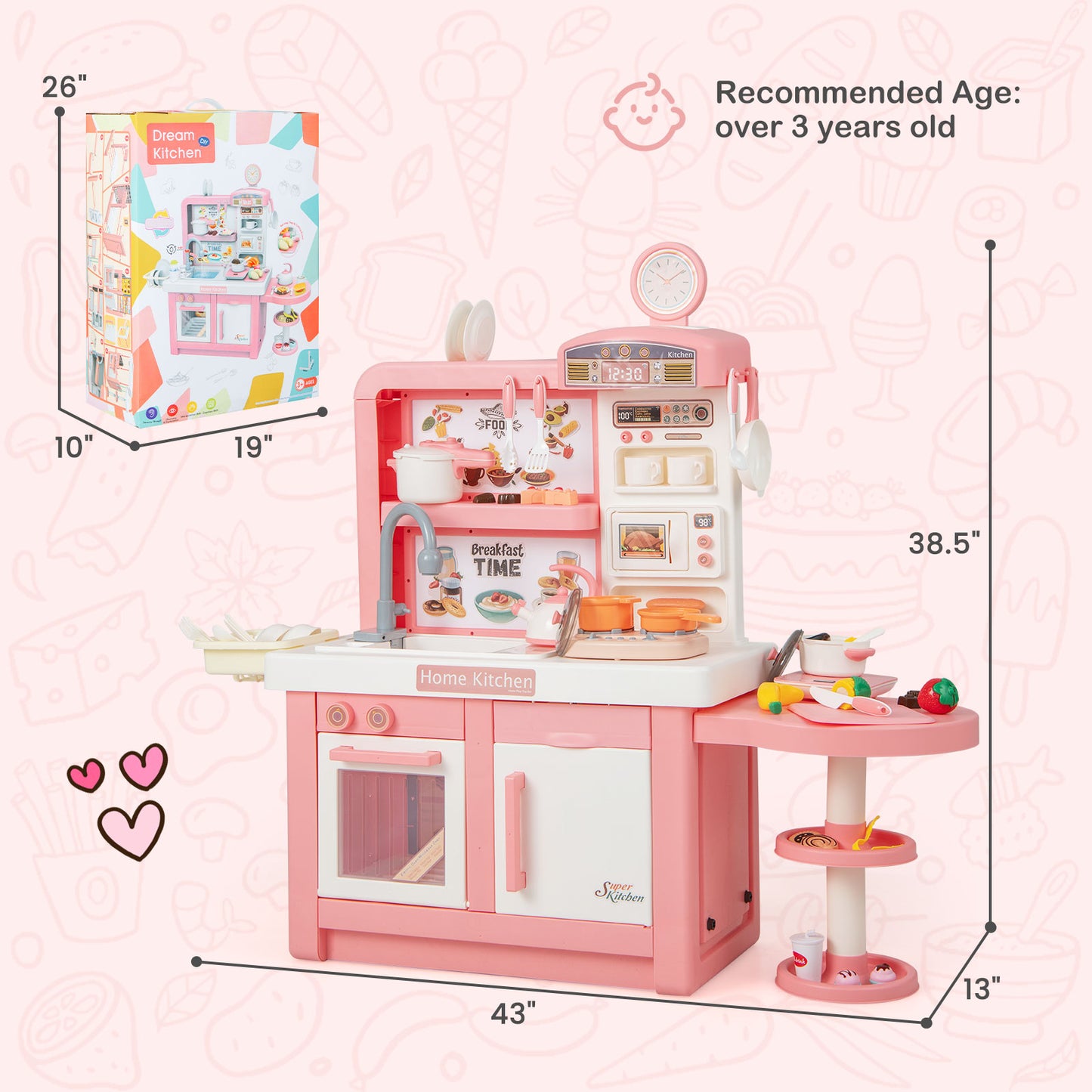 Kids Play Kitchen Toy with Stove Sink Oven with Light and Sound-Pink Kids Crystal