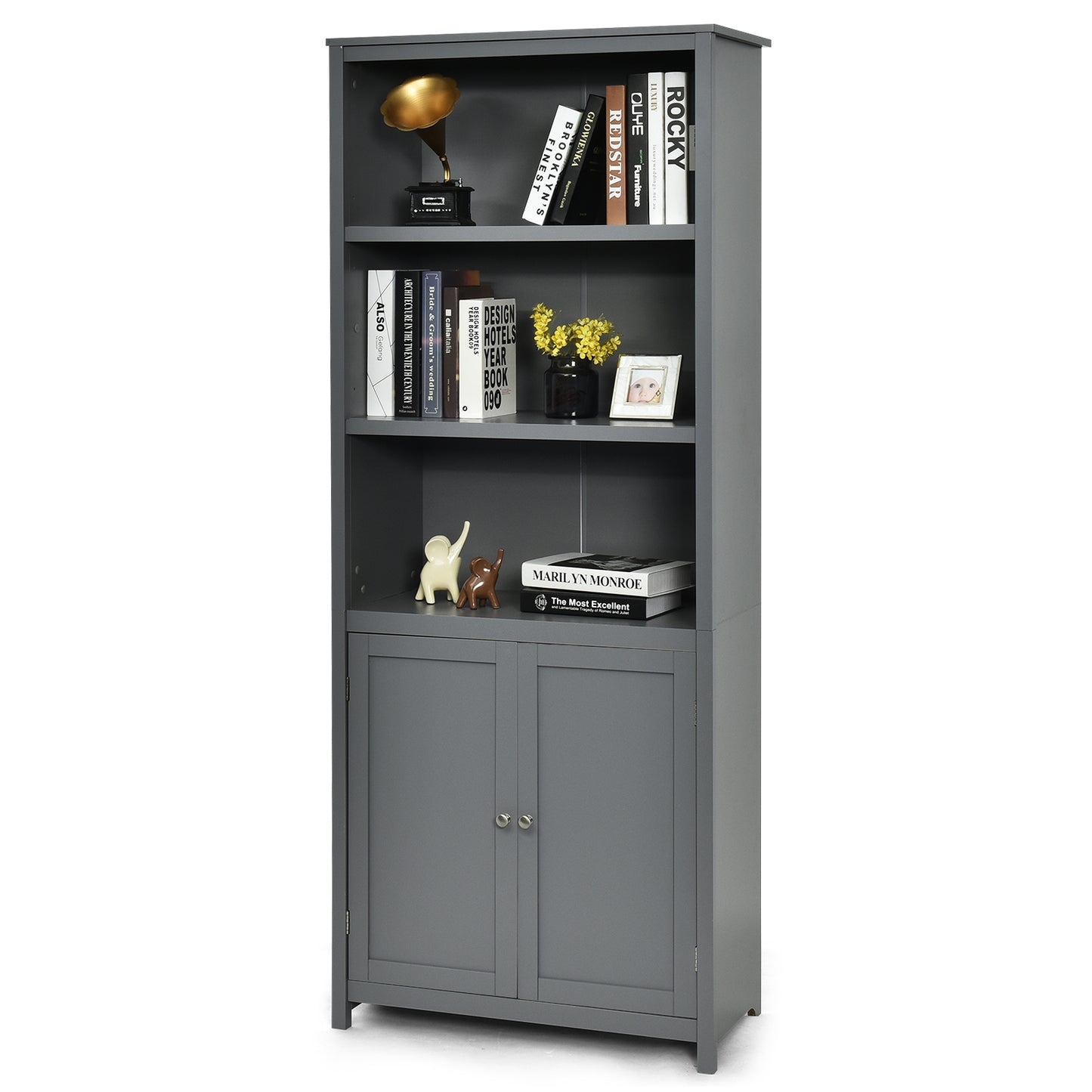 Bookcase Shelving Storage Wooden Cabinet Unit Standing Display Bookcase with Doors-Gray Kids Crystal