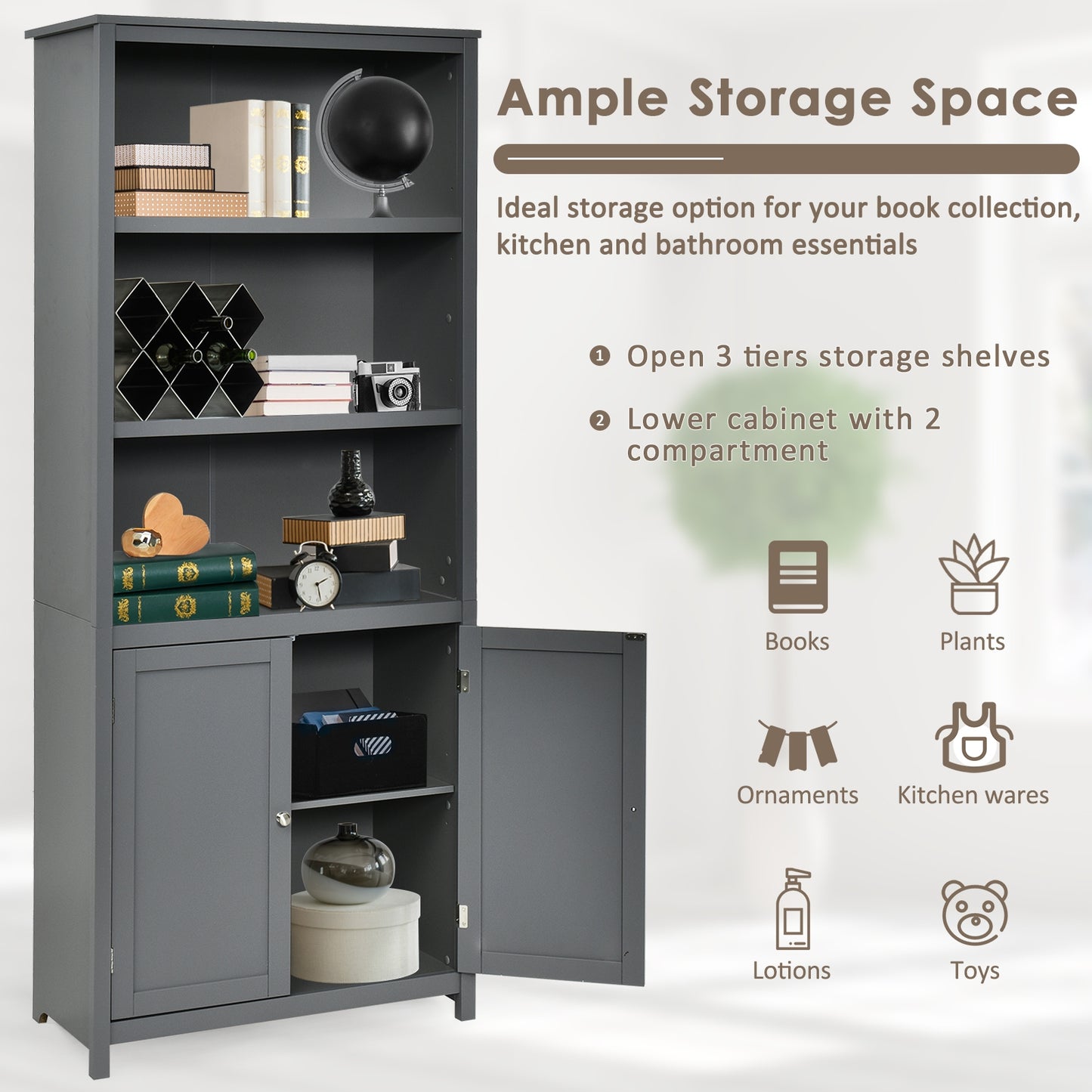 Bookcase Shelving Storage Wooden Cabinet Unit Standing Display Bookcase with Doors-Gray Kids Crystal
