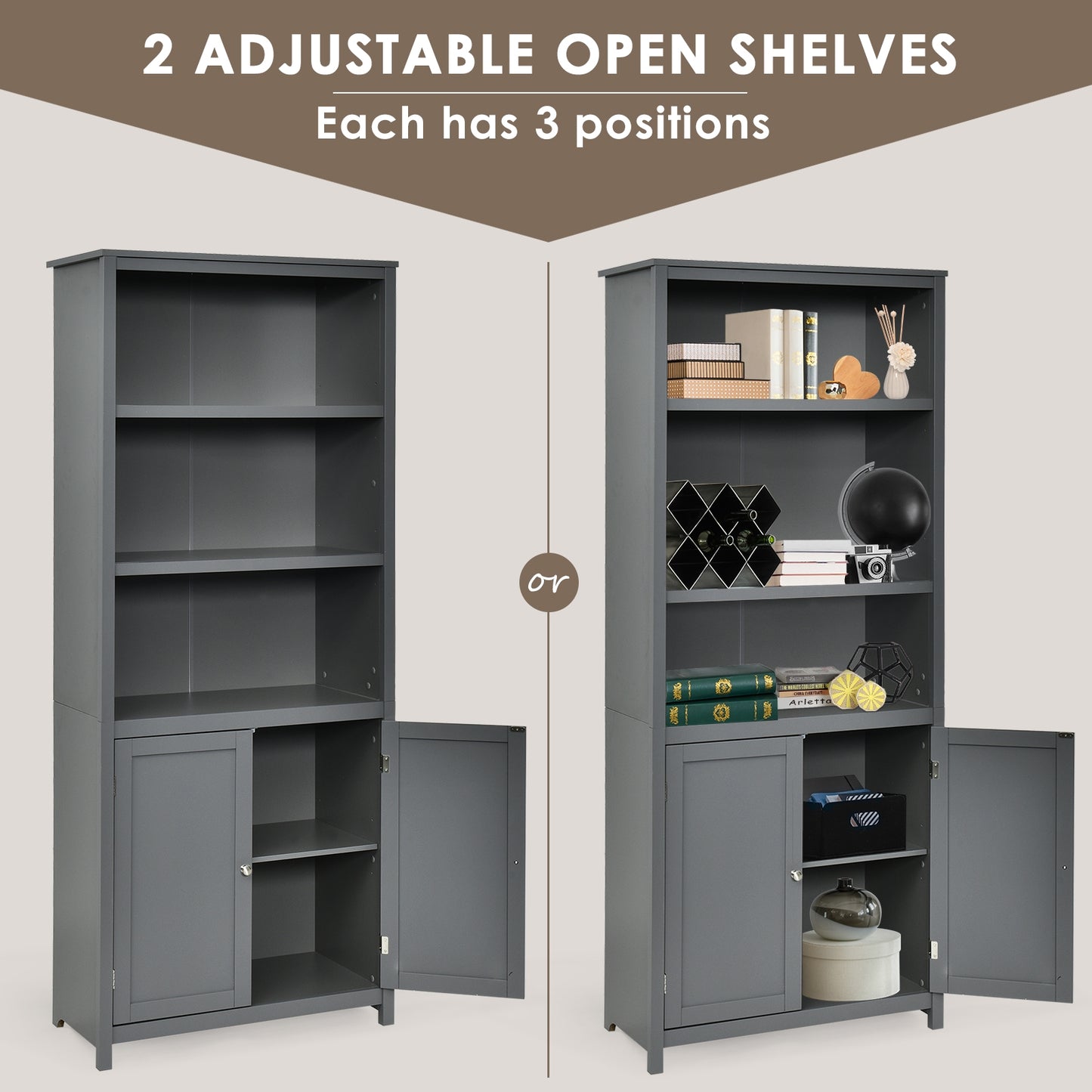 Bookcase Shelving Storage Wooden Cabinet Unit Standing Display Bookcase with Doors-Gray Kids Crystal