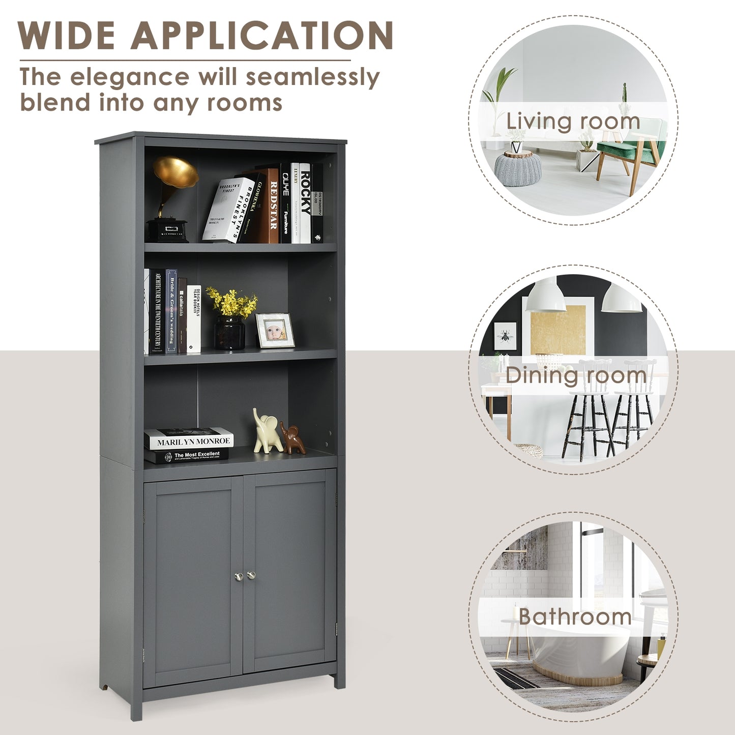 Bookcase Shelving Storage Wooden Cabinet Unit Standing Display Bookcase with Doors-Gray Kids Crystal
