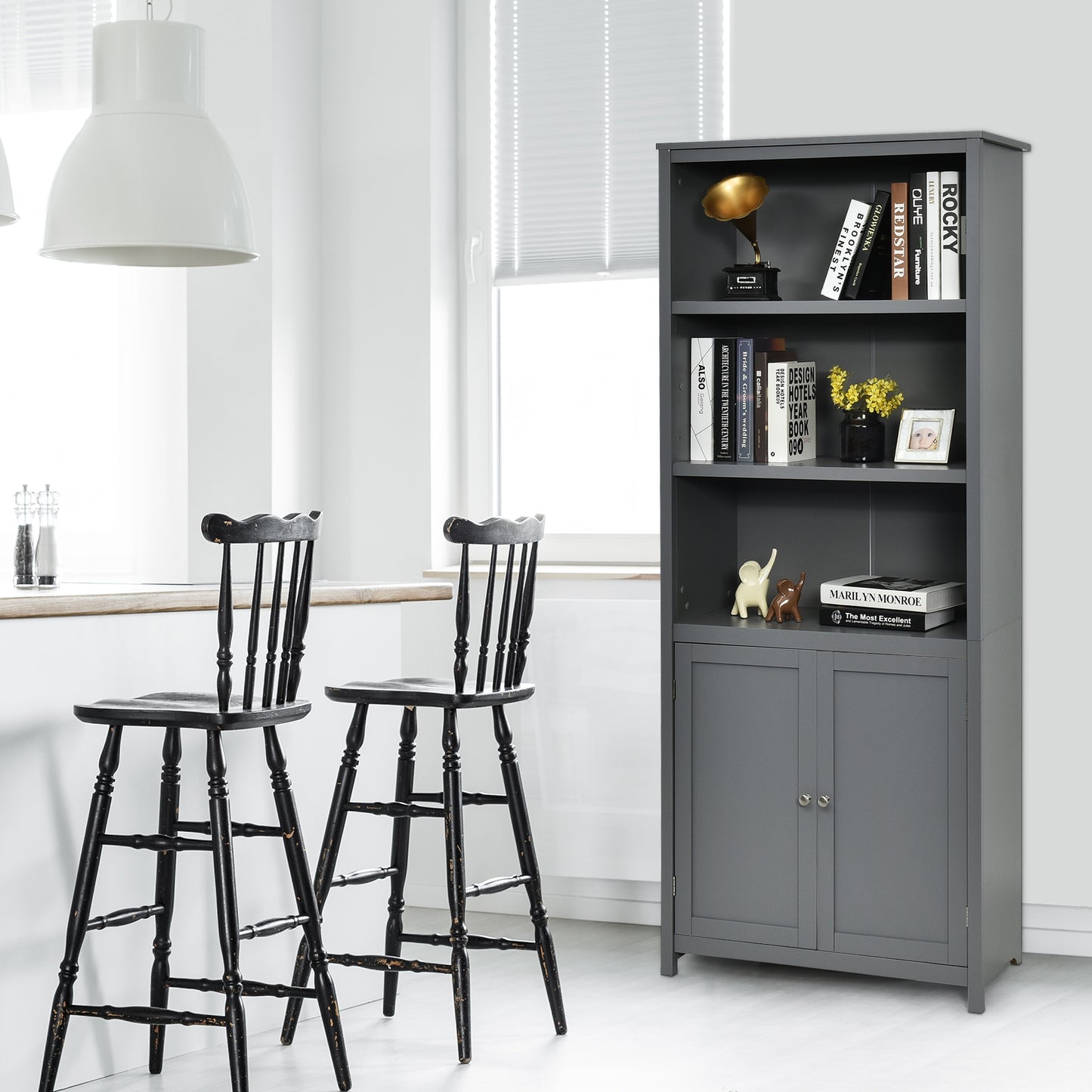 Bookcase Shelving Storage Wooden Cabinet Unit Standing Display Bookcase with Doors-Gray Kids Crystal