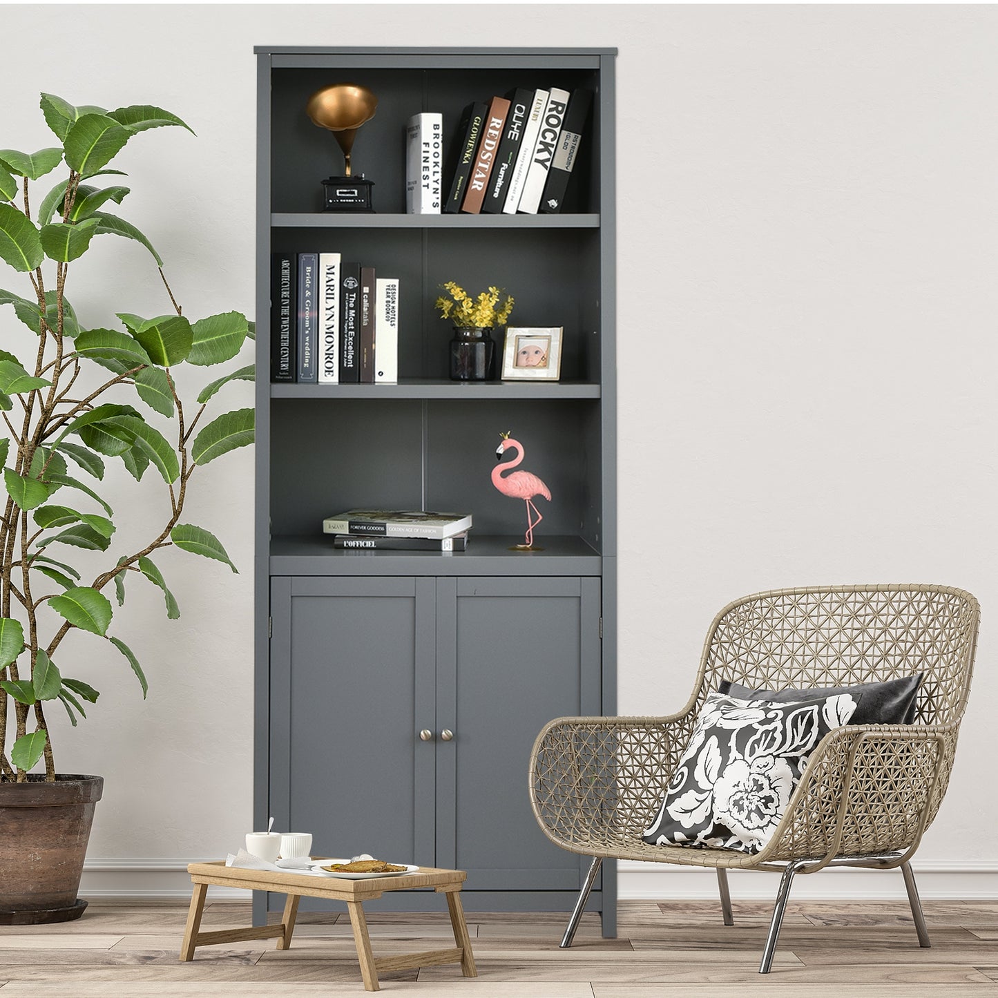 Bookcase Shelving Storage Wooden Cabinet Unit Standing Display Bookcase with Doors-Gray Kids Crystal