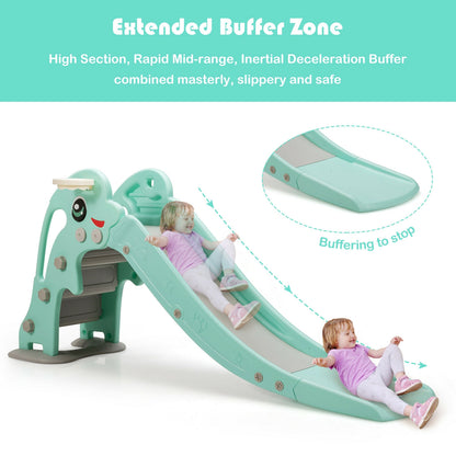 3-in-1 Kids Climber Slide Play Set with Basketball Hoop and Ball-Green