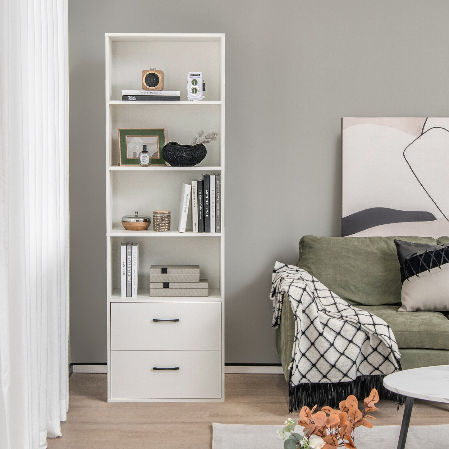 6-Tier Tall Freestanding Bookshelf with 4 Open Shelves and 2 Drawers-White Kids Crystal