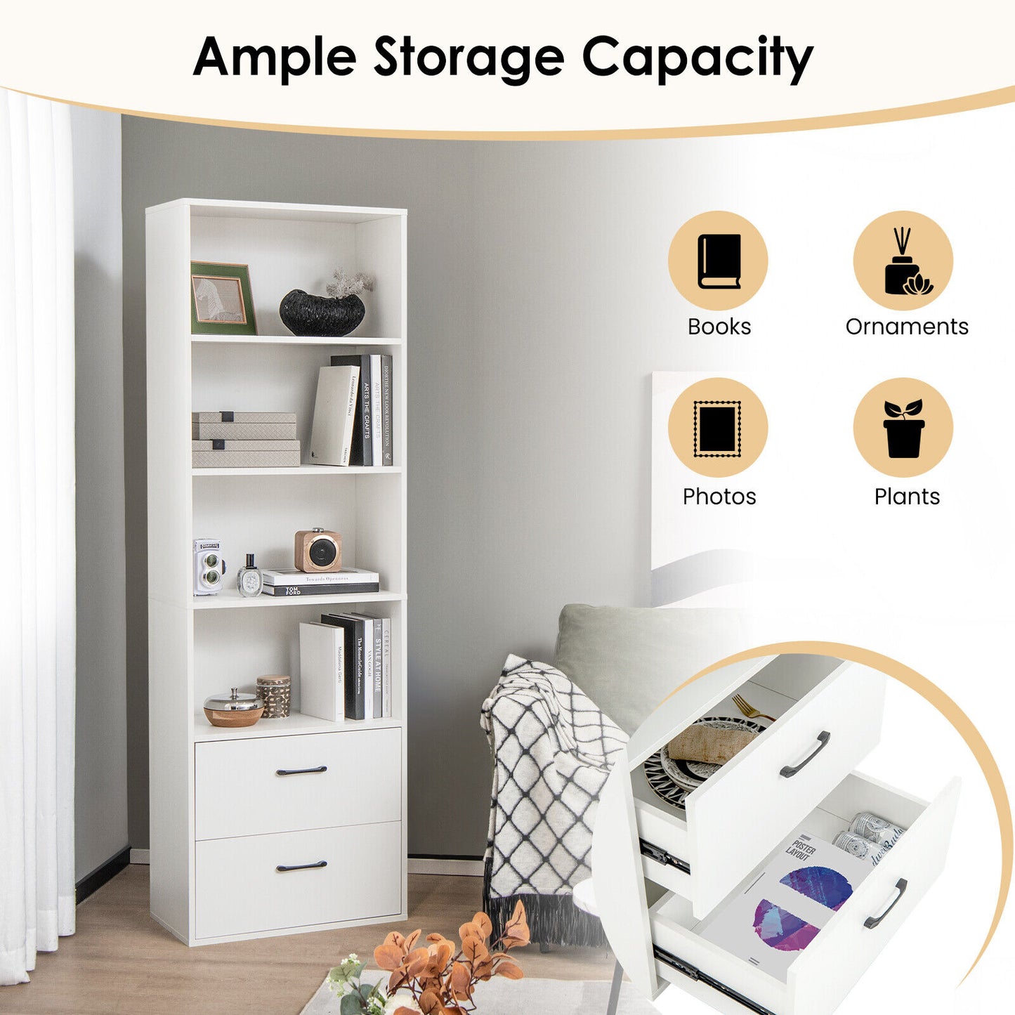 6-Tier Tall Freestanding Bookshelf with 4 Open Shelves and 2 Drawers-White Kids Crystal