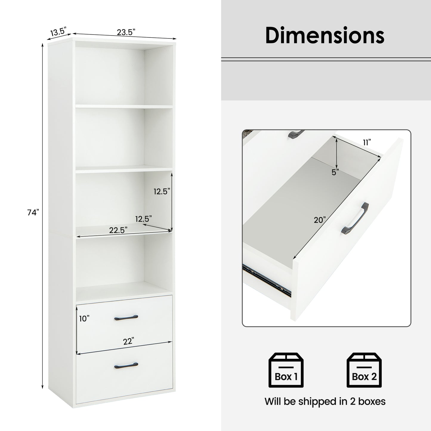 6-Tier Tall Freestanding Bookshelf with 4 Open Shelves and 2 Drawers-White Kids Crystal