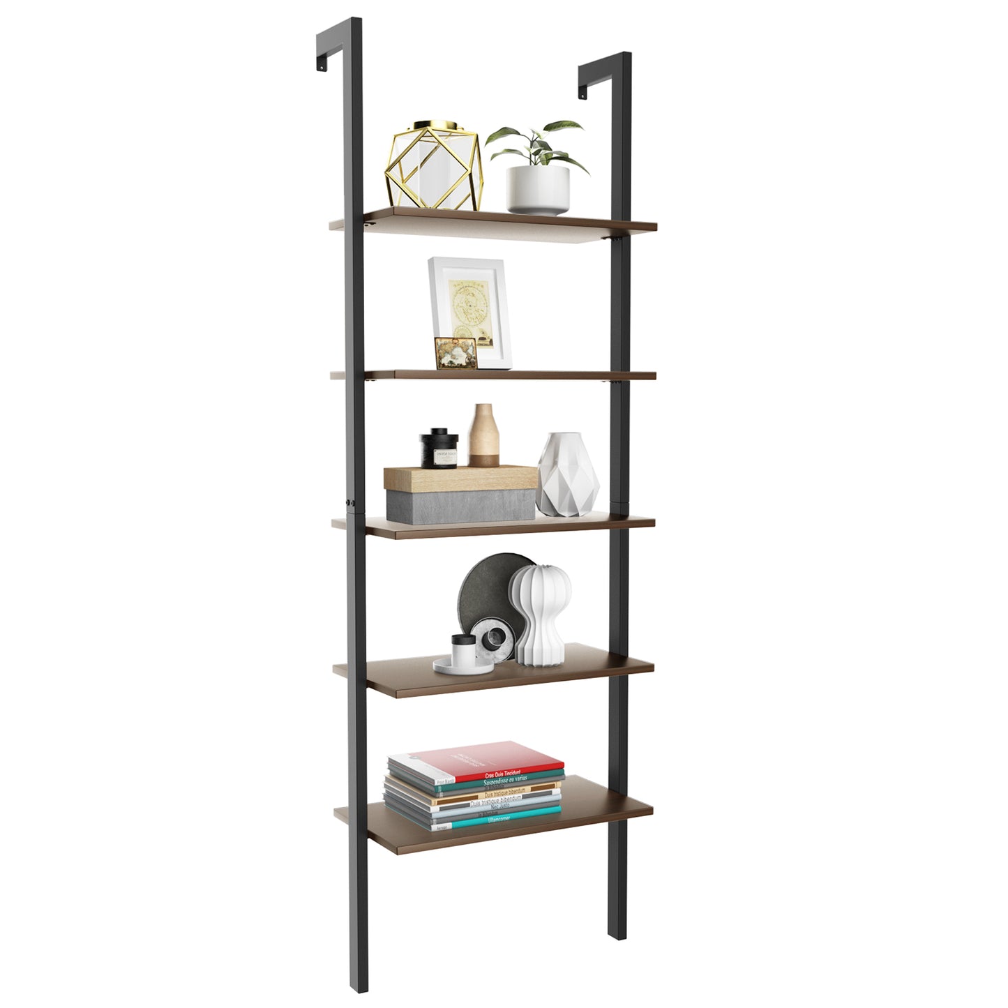 5-Tier Wood Look Ladder Shelf with Metal Frame for Home-Black Kids Crystal