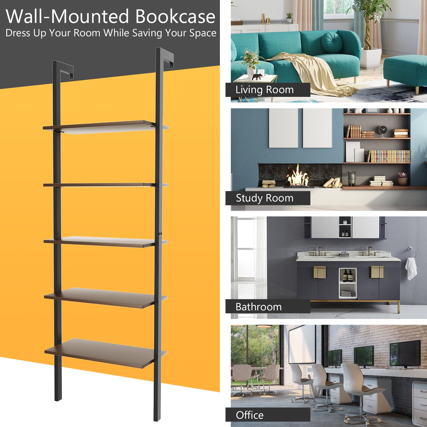 5-Tier Wood Look Ladder Shelf with Metal Frame for Home-Black Kids Crystal