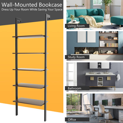 5-Tier Wood Look Ladder Shelf with Metal Frame for Home-Black