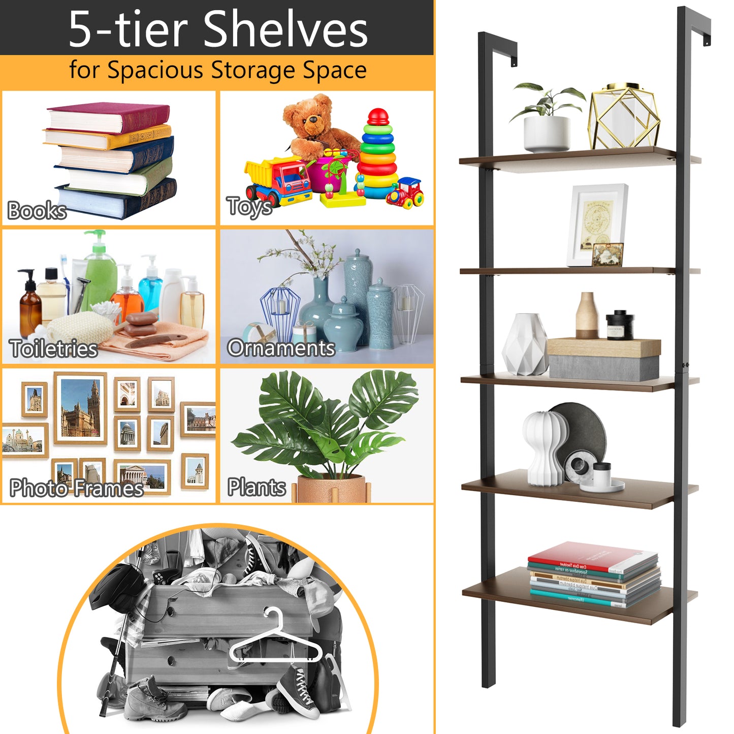5-Tier Wood Look Ladder Shelf with Metal Frame for Home-Black Kids Crystal
