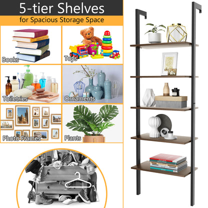 5-Tier Wood Look Ladder Shelf with Metal Frame for Home-Black