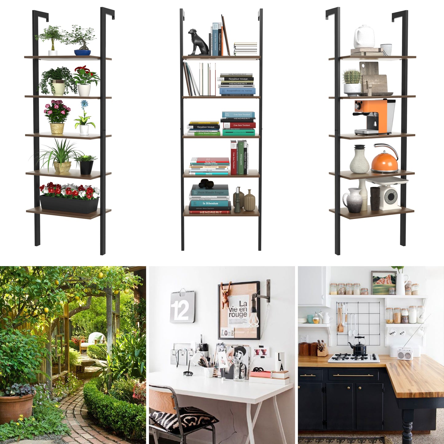 5-Tier Wood Look Ladder Shelf with Metal Frame for Home-Black Kids Crystal