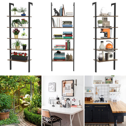 5-Tier Wood Look Ladder Shelf with Metal Frame for Home-Black
