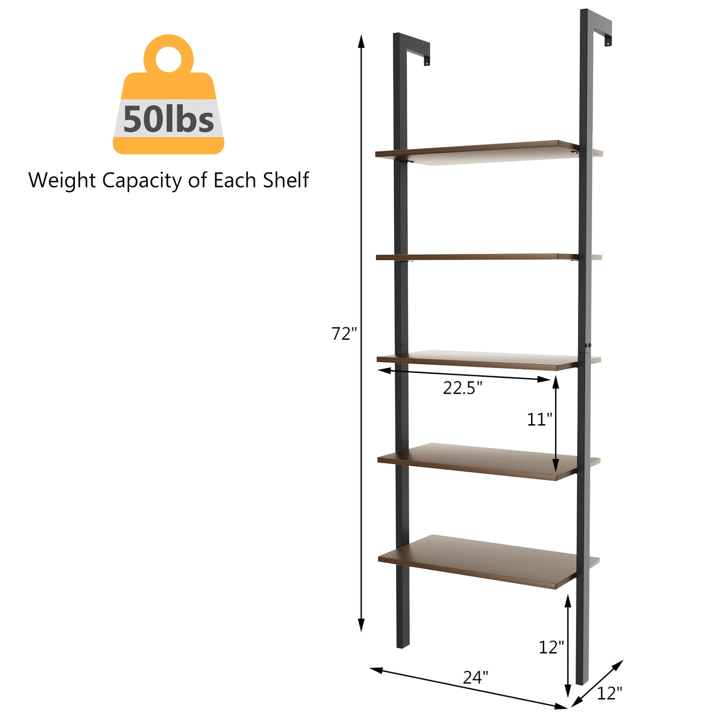 5-Tier Wood Look Ladder Shelf with Metal Frame for Home-Black Kids Crystal