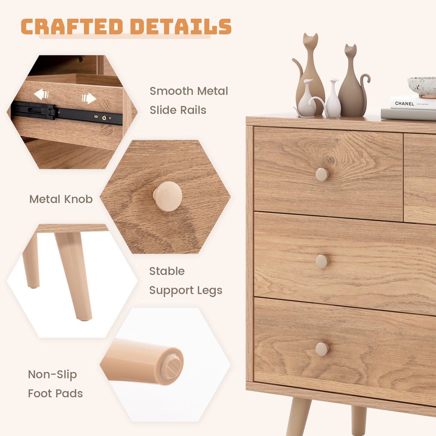4-Drawer Dresser Cabinet Storage Organizer Rubber Leg with Rail-Oak Kids Crystal