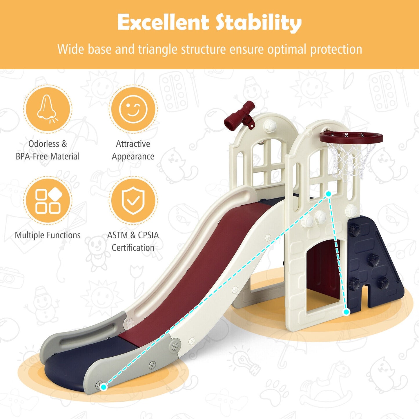 6-In-1 Large Slide for Kids Toddler Climber Slide Playset with Basketball Hoop-Blue Kids Crystal