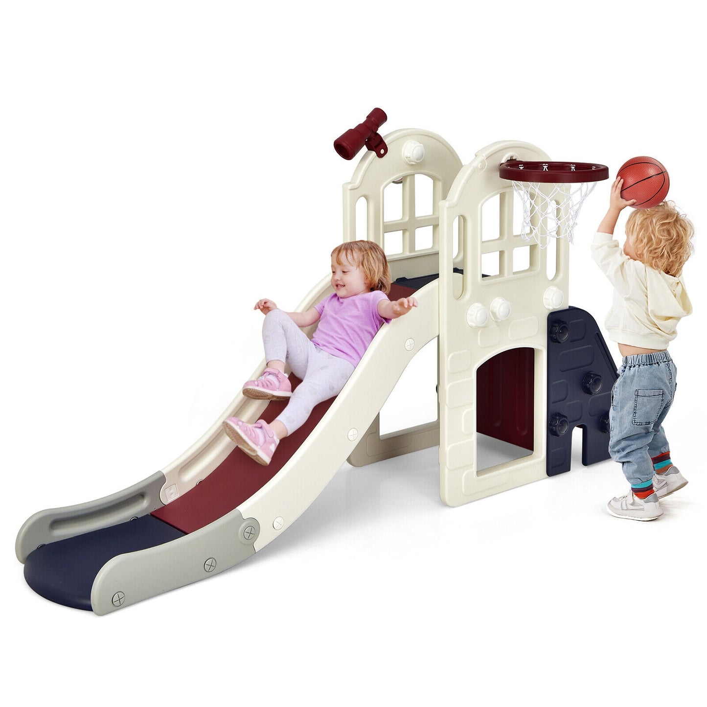 6-In-1 Large Slide for Kids Toddler Climber Slide Playset with Basketball Hoop-Blue Kids Crystal