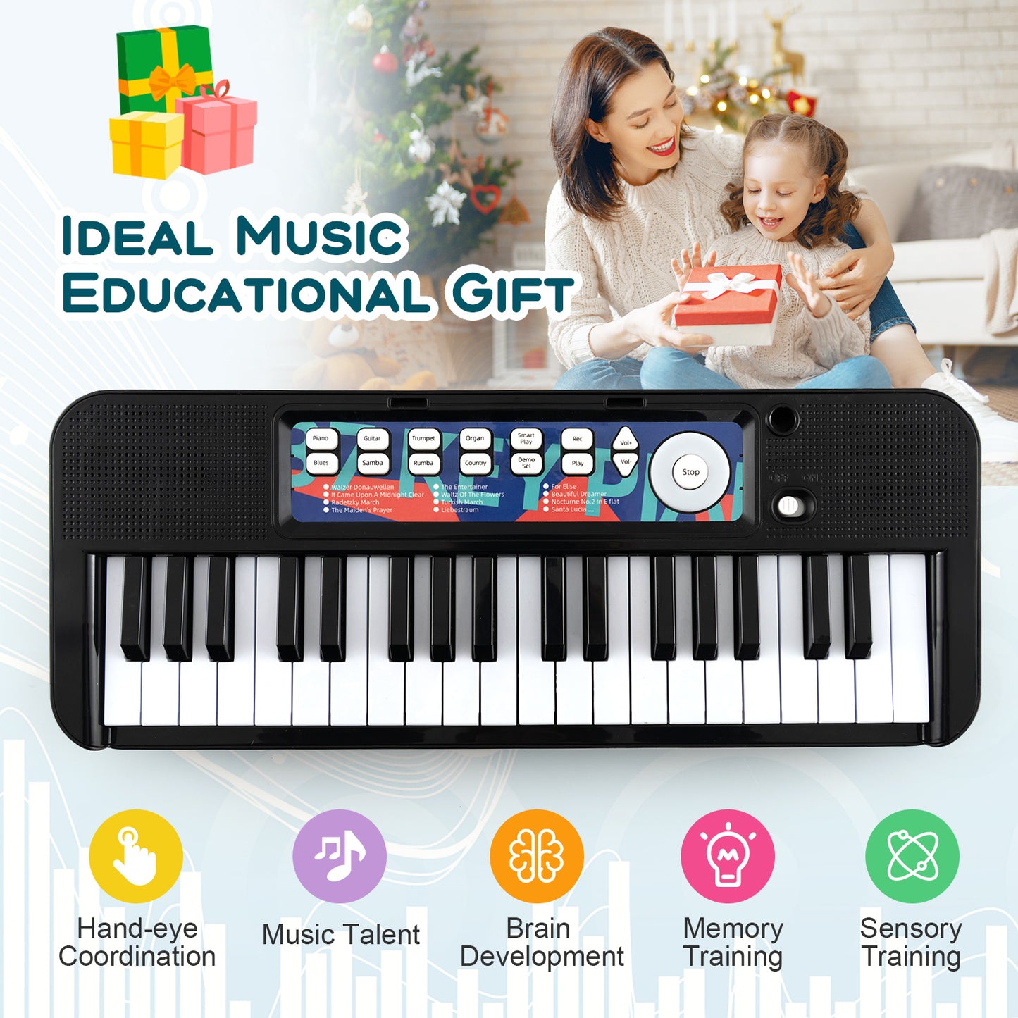 Kids Piano Keyboard 37-Key Kids Toy Keyboard Piano with Microphone for 3+ Kids-Black Kids Crystal