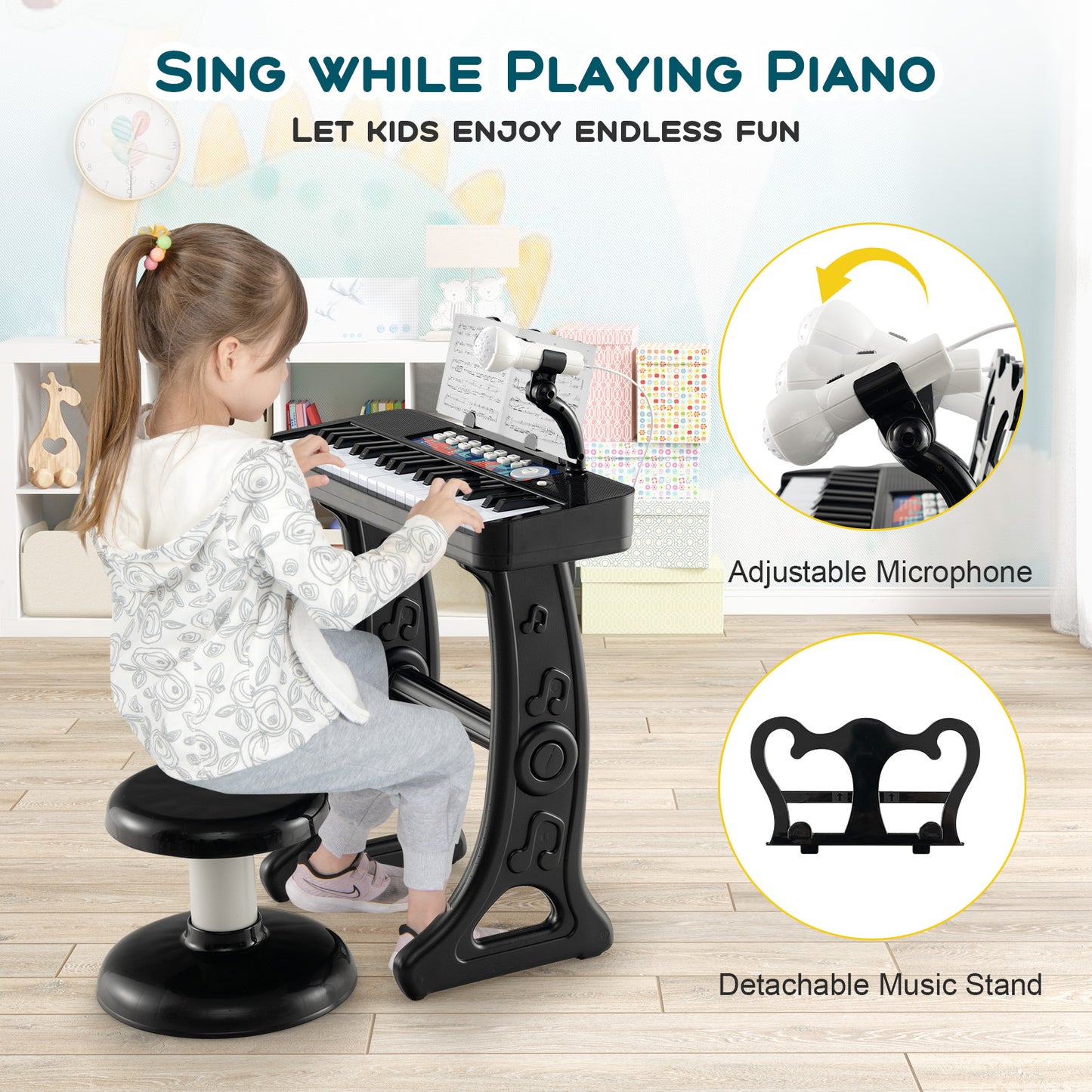 Kids Piano Keyboard 37-Key Kids Toy Keyboard Piano with Microphone for 3+ Kids-Black Kids Crystal