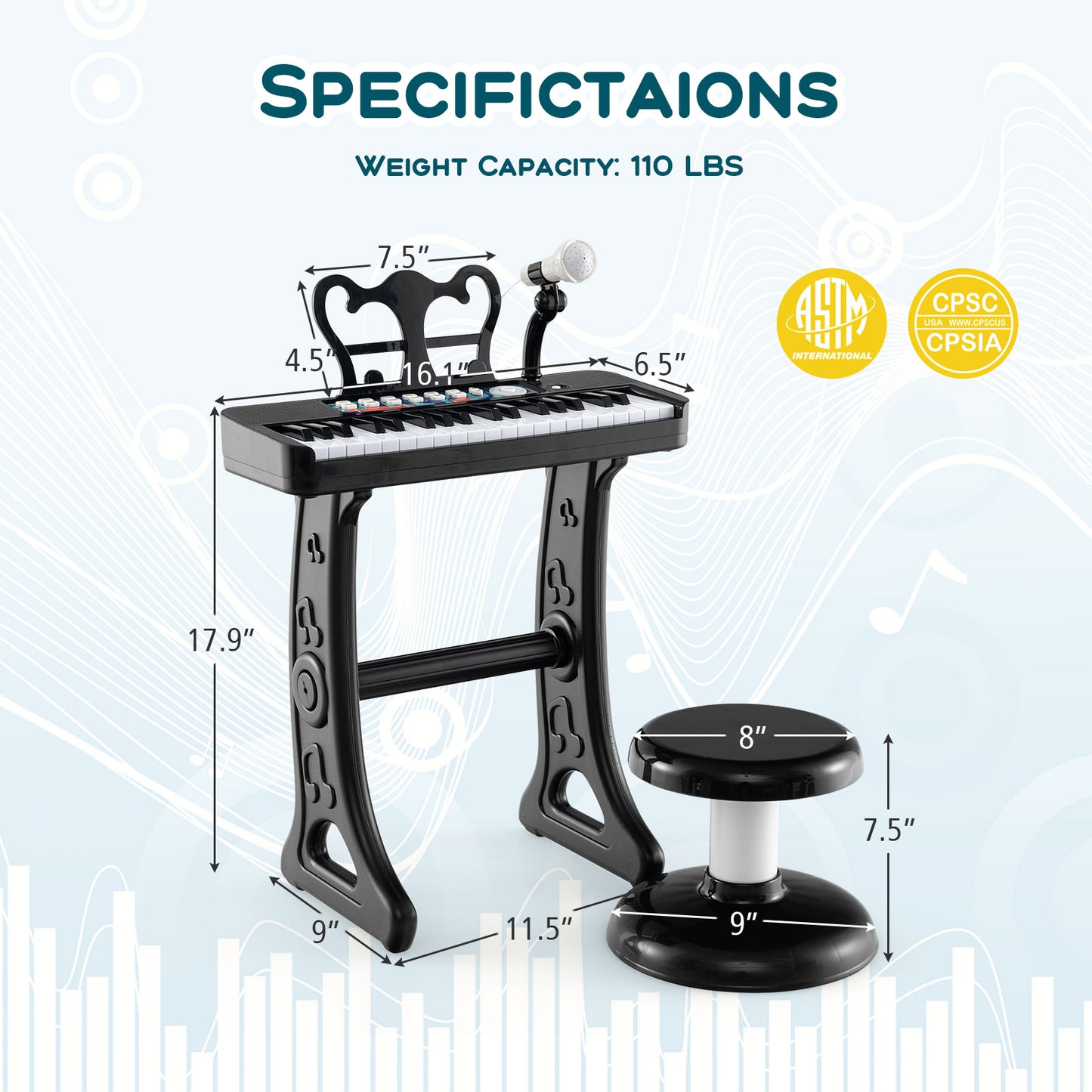 Kids Piano Keyboard 37-Key Kids Toy Keyboard Piano with Microphone for 3+ Kids-Black Kids Crystal