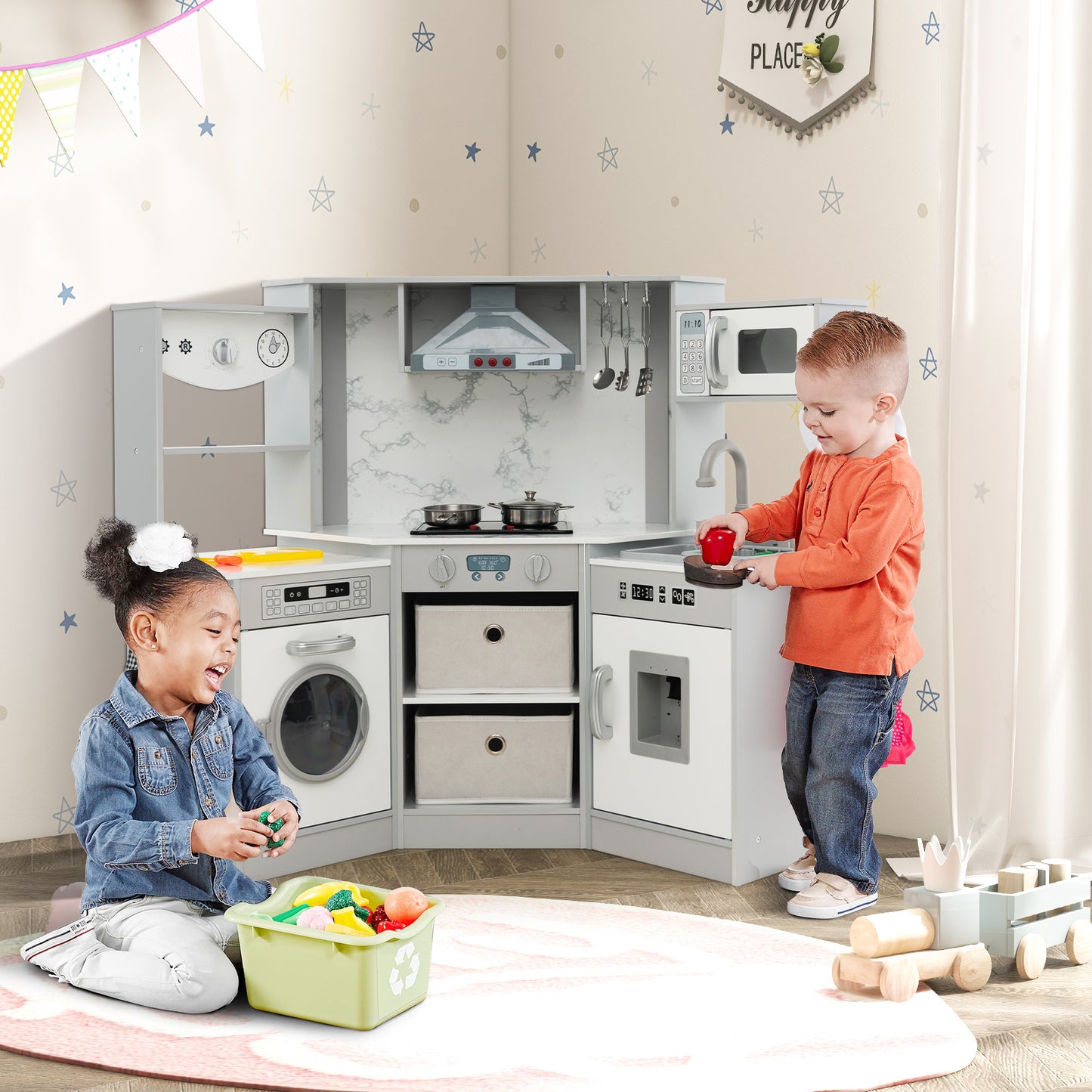 Wooden Kids Play Kitchen Playset with Realistic Lights and Sounds-Gray Kids Crystal