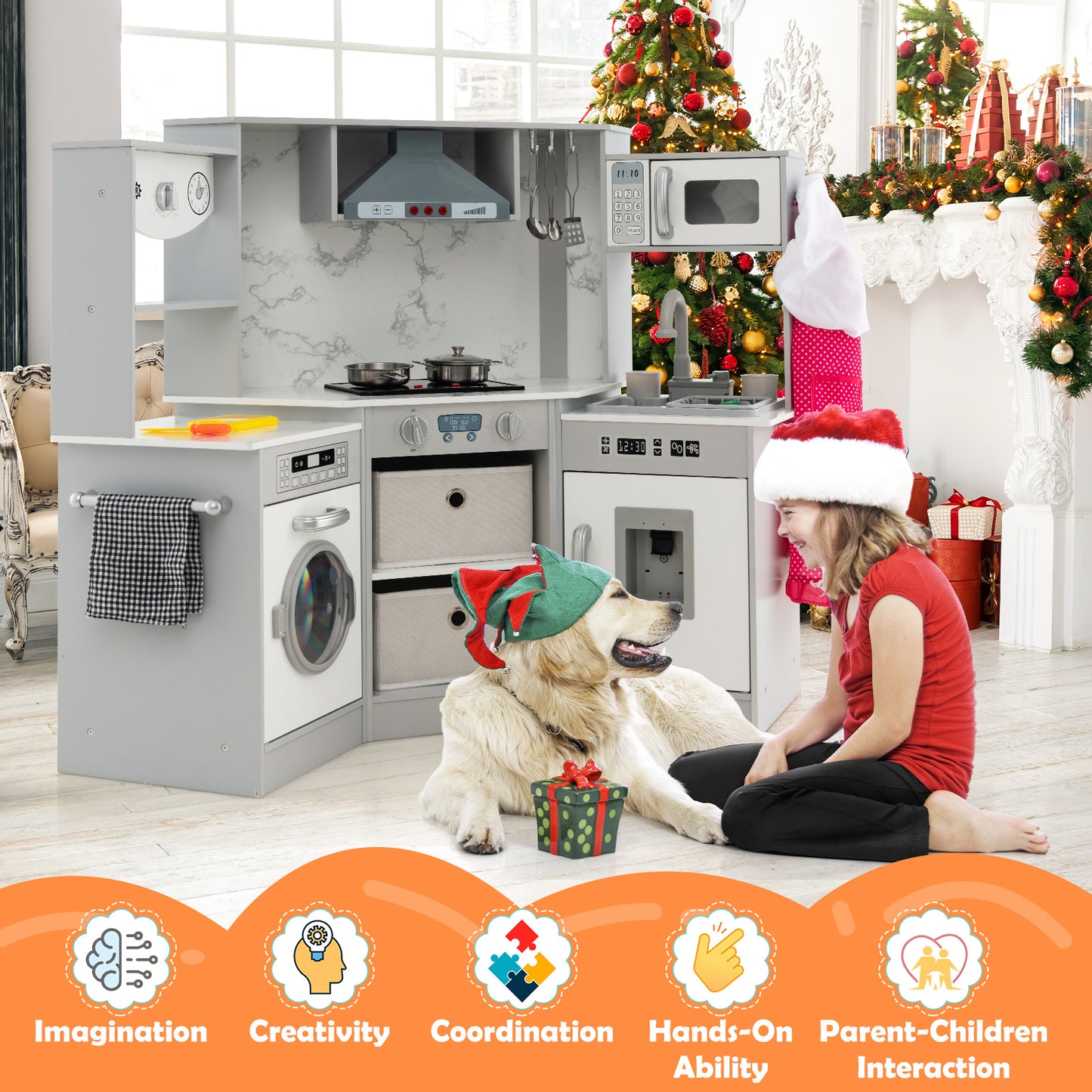 Wooden Kids Play Kitchen Playset with Realistic Lights and Sounds-Gray Kids Crystal