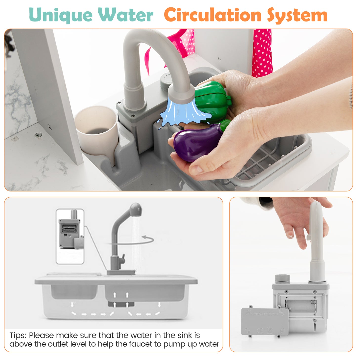 Wooden Kids Play Kitchen Playset with Realistic Lights and Sounds-Gray Kids Crystal