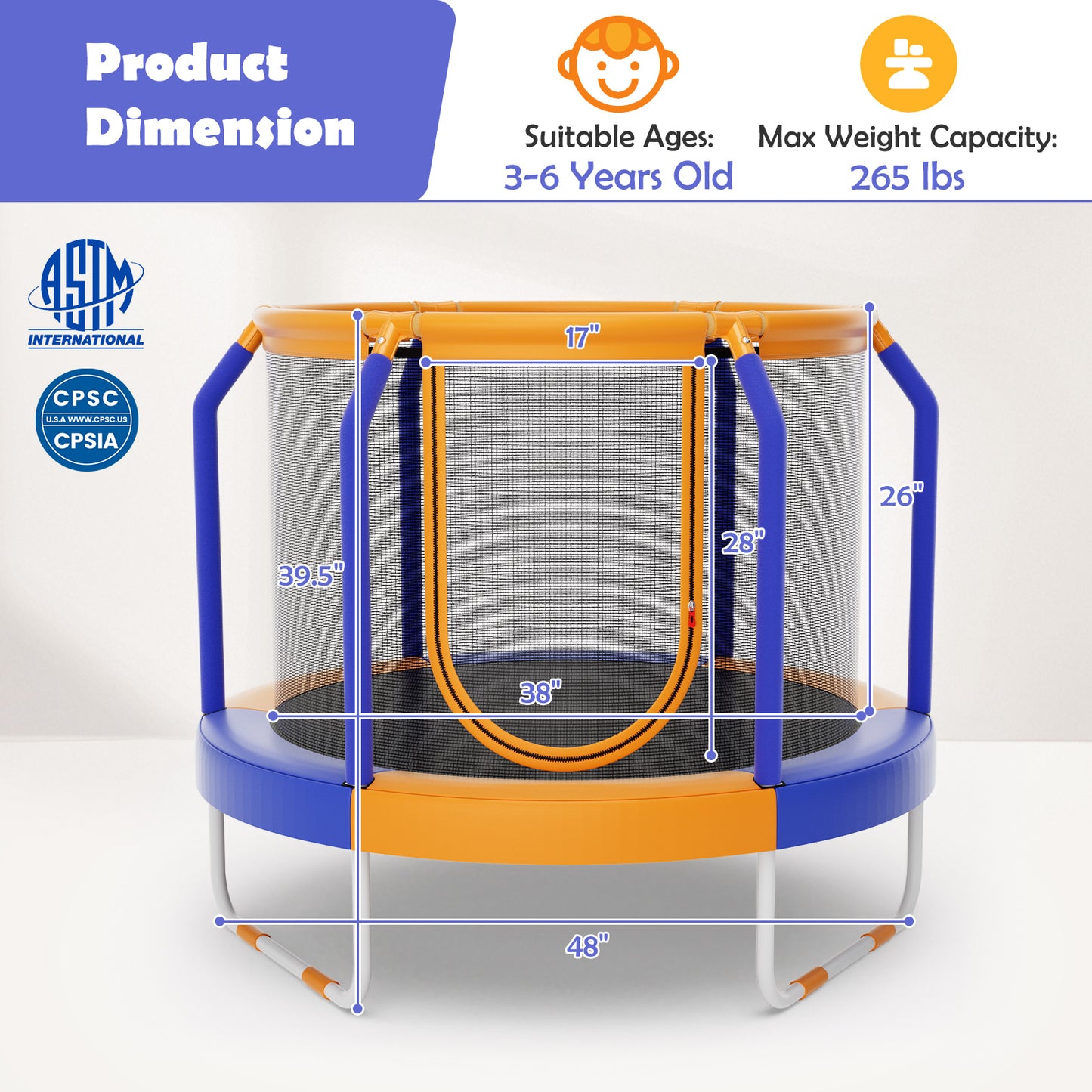 Mini Trampoline with Enclosure and Heavy-duty Metal Frame-Orange Kids Crystal