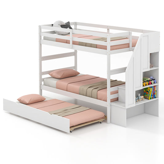 Home Wood Bunk Bed with Guard Rail and 4-step Storage Stairs No Box Spring Needed-White Kids Crystal