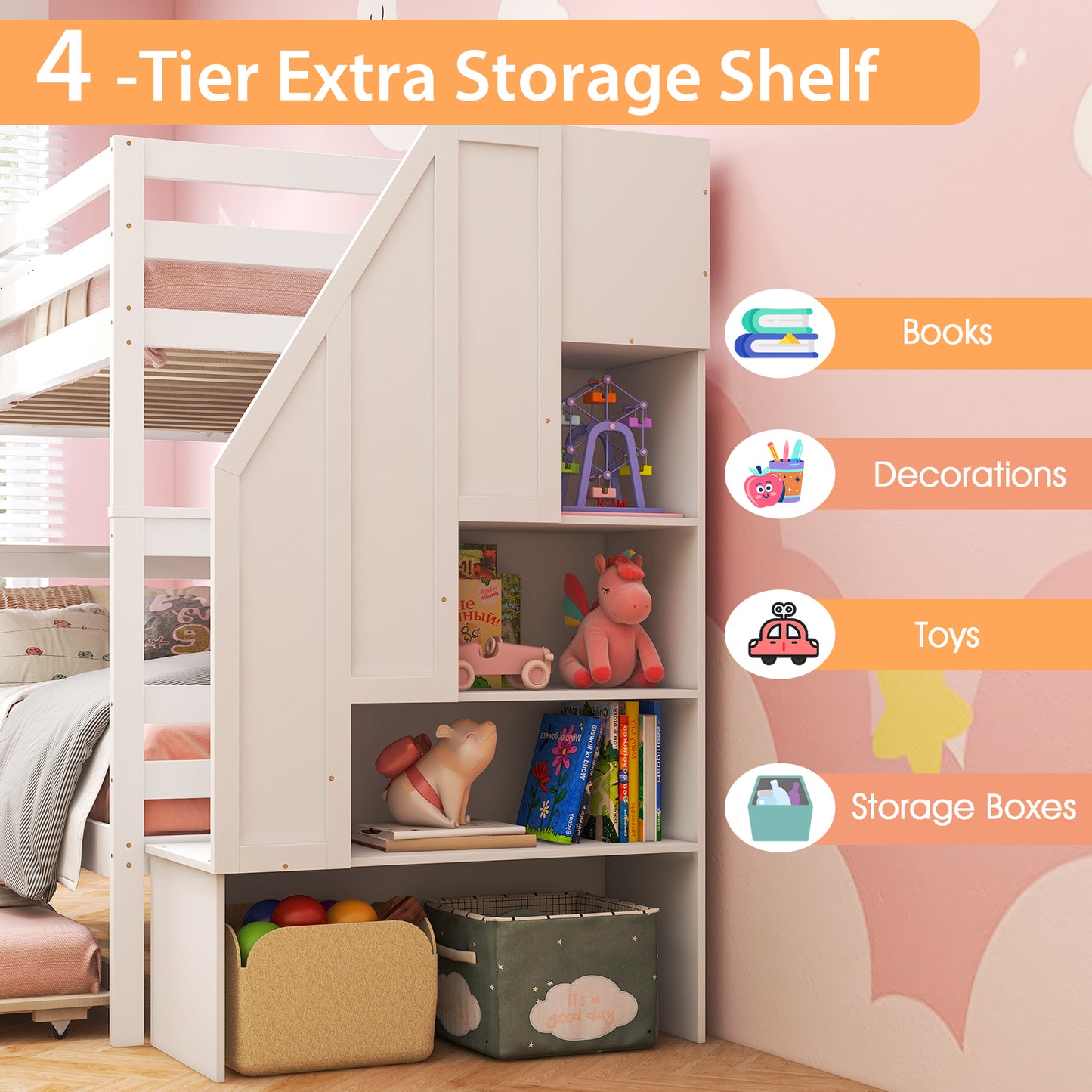Home Wood Bunk Bed with Guard Rail and 4-step Storage Stairs No Box Spring Needed-White Kids Crystal