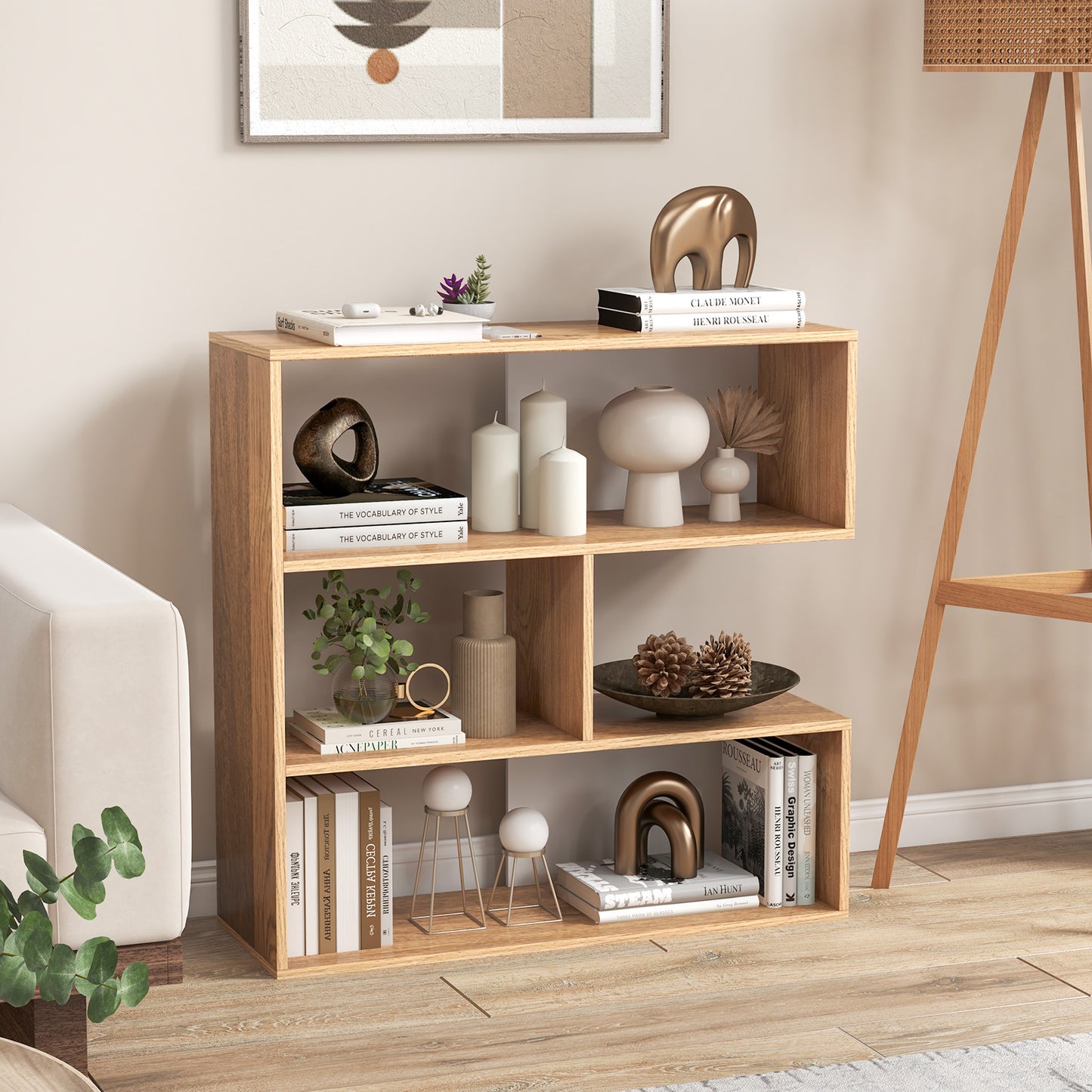 Concave Bookshelf 3-Shelf Open Bookcase with Anti-Toppling Device for Living Room Study Office Kids Crystal