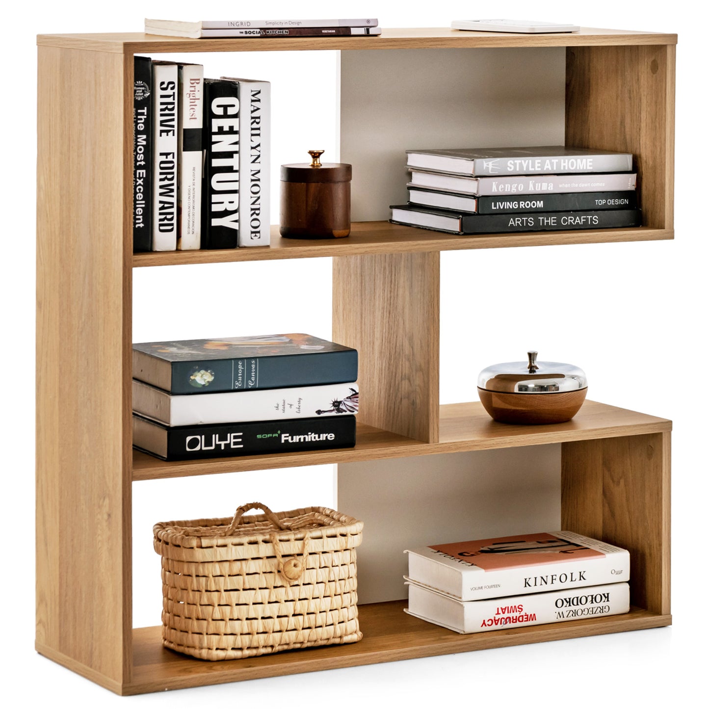 Concave Bookshelf 3-Shelf Open Bookcase with Anti-Toppling Device for Living Room Study Office Kids Crystal