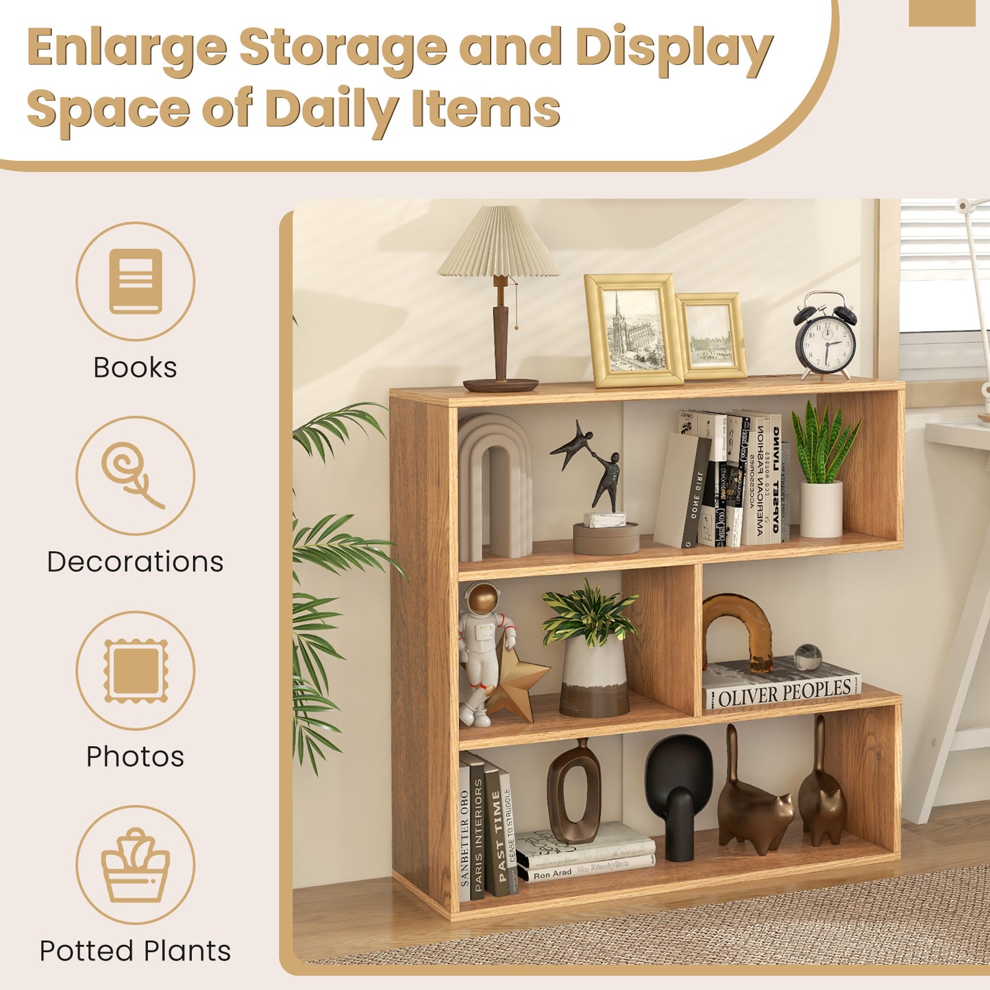 Concave Bookshelf 3-Shelf Open Bookcase with Anti-Toppling Device for Living Room Study Office Kids Crystal