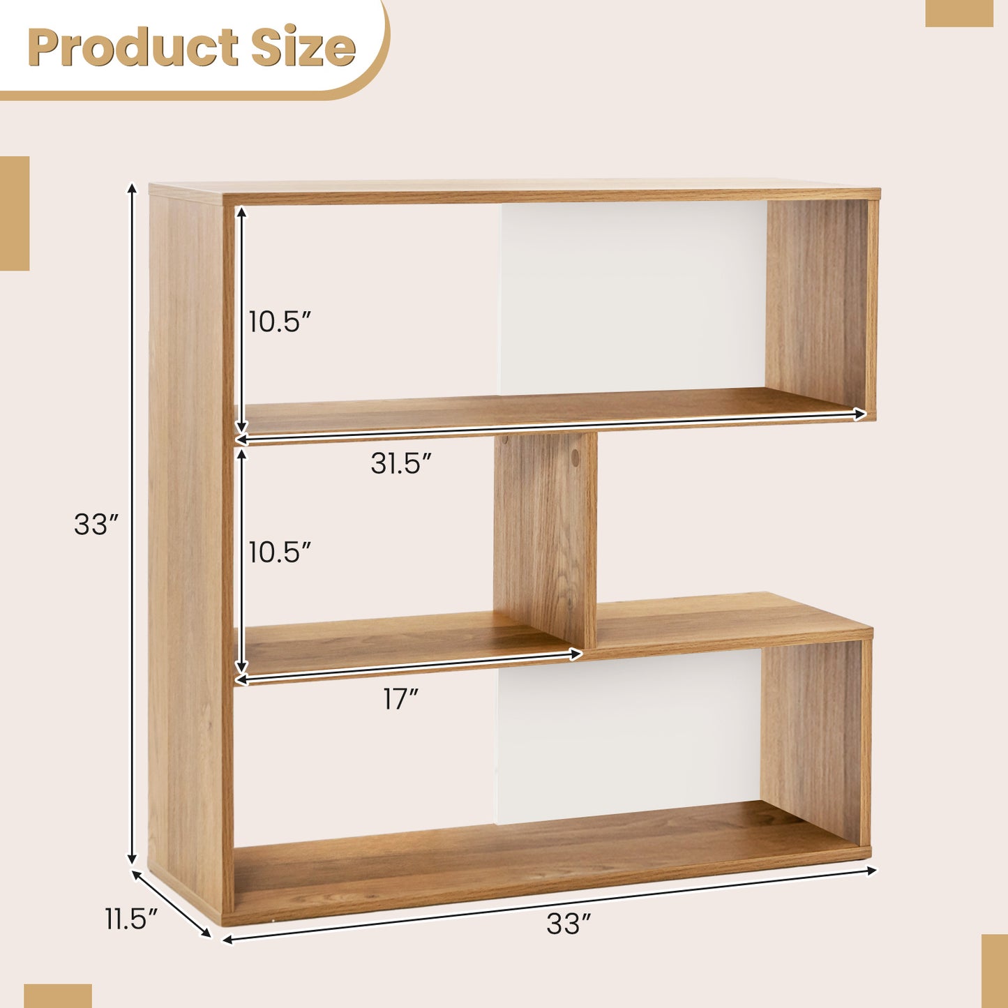 Concave Bookshelf 3-Shelf Open Bookcase with Anti-Toppling Device for Living Room Study Office Kids Crystal