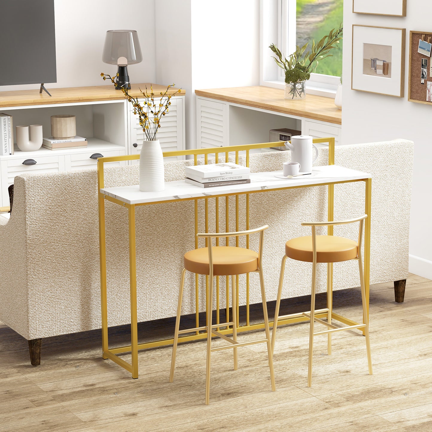 47 Inch Long Entryway Table with Faux Marble Top and Baffle-White Kids Crystal