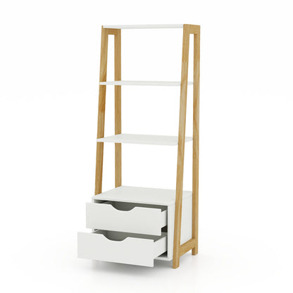 4-Tier Ladder Bookshelf Storage Display with 2 Drawers-White