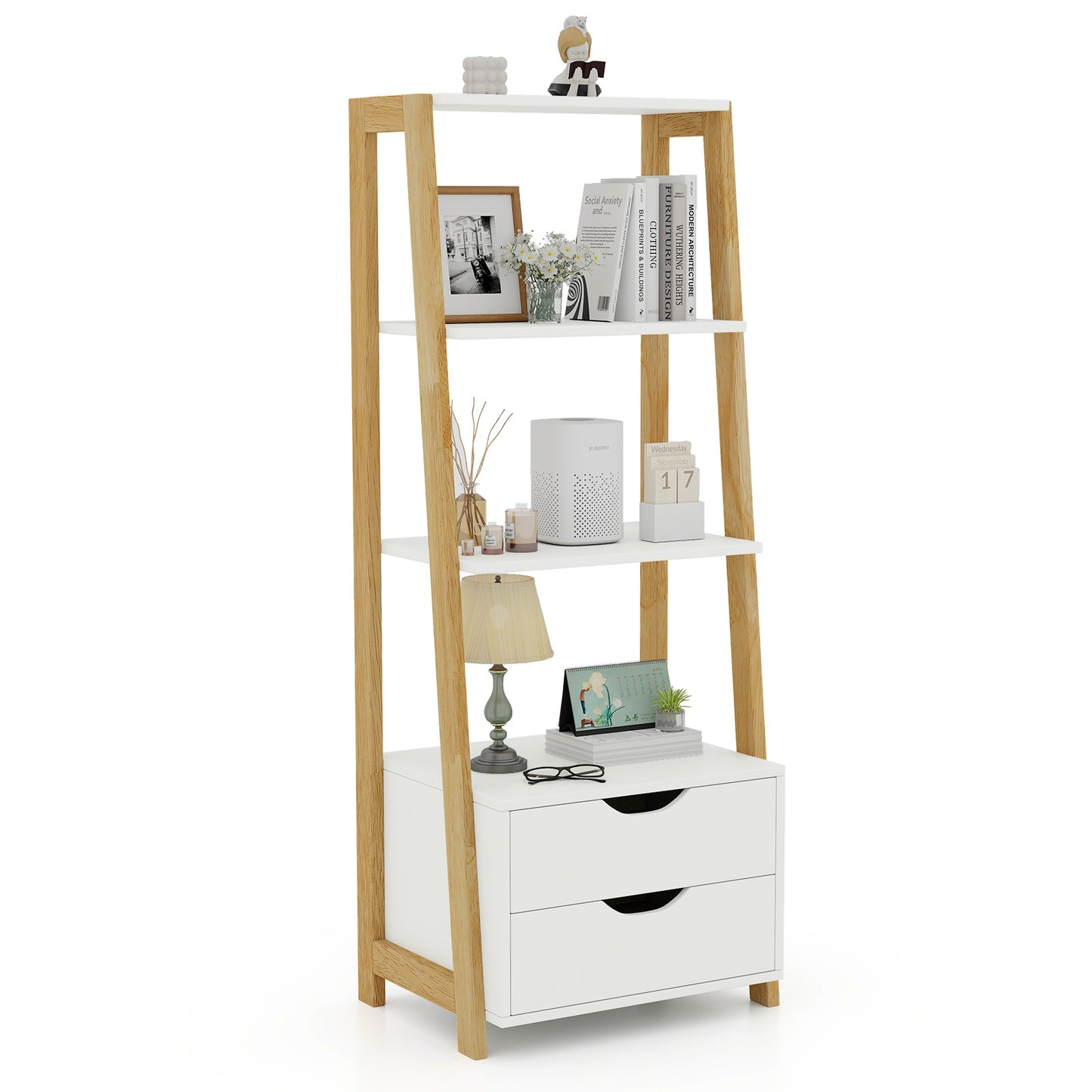 4-Tier Ladder Bookshelf Storage Display with 2 Drawers-White Kids Crystal